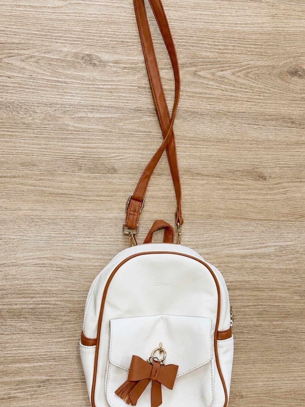 Ecosusi White & Tan Mini Backpack with Bow Accent